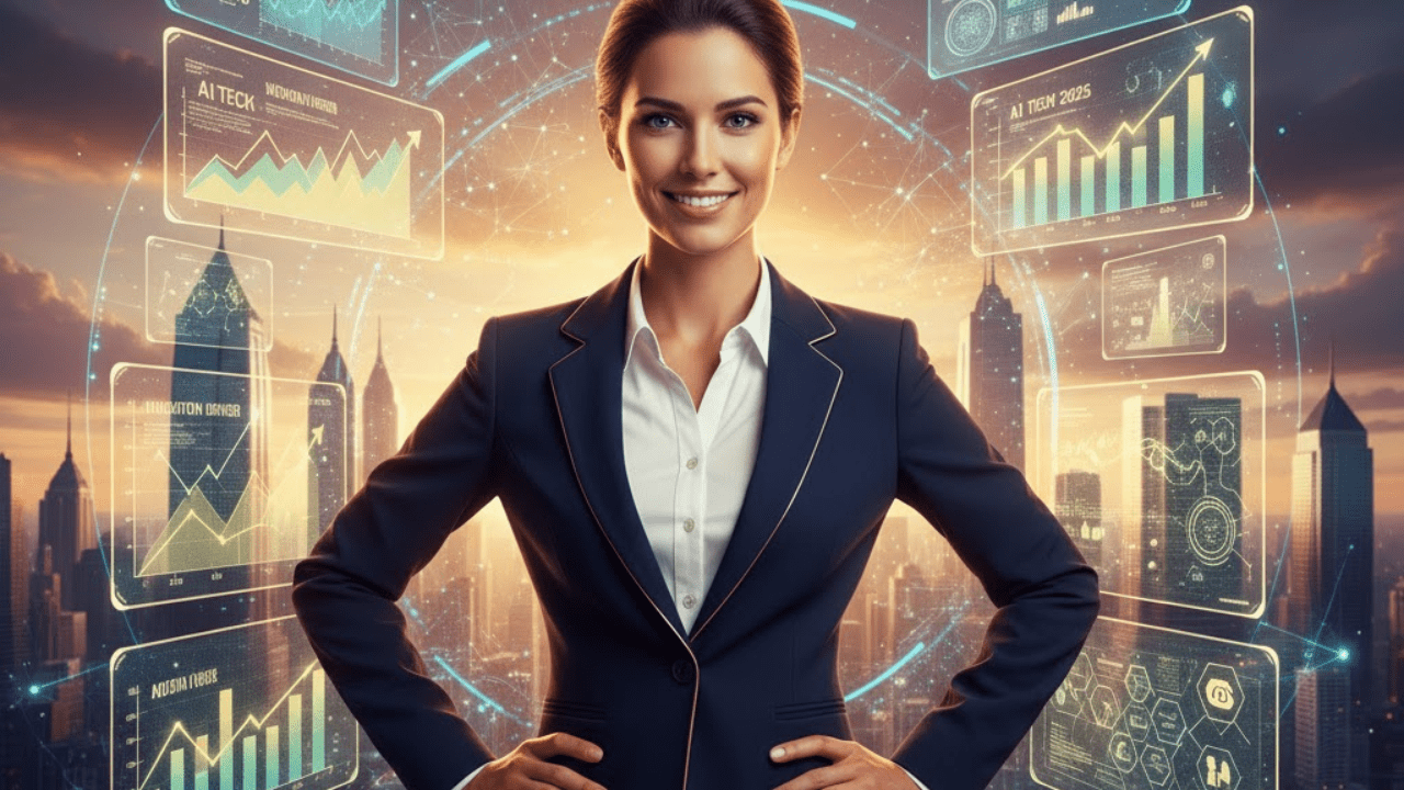 Entrepreneur surrounded by futuristic AI visuals and digital growth graphs, symbolizing success and wealth in the new era of artificial intelligence.