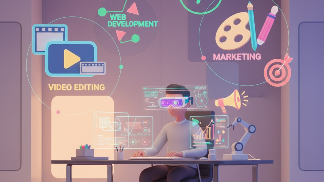 Freelancer surrounded by icons of video editing, web development, and digital marketing skills, representing top freelancing skills to master in 2025.