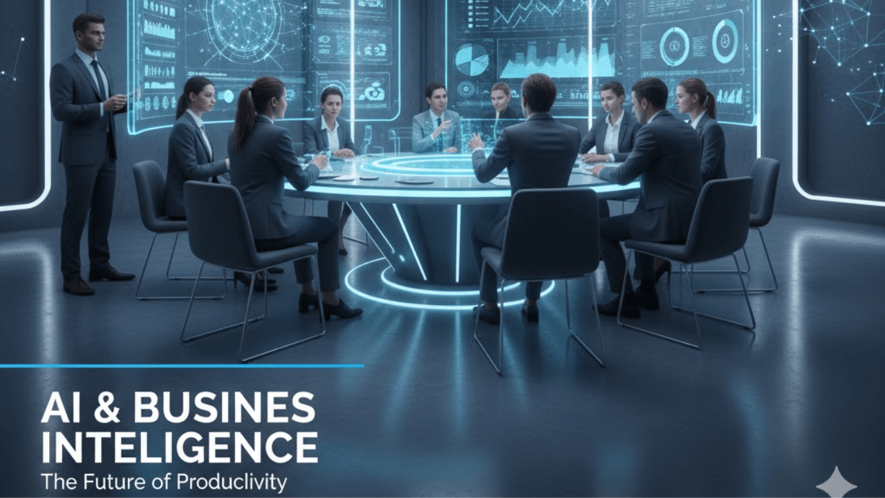 AI tools for business – futuristic workspace with digital technology and analytics dashboard