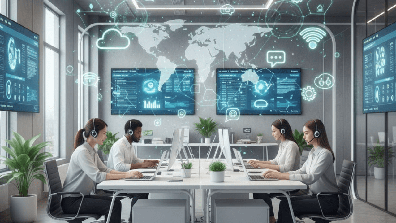 Global remote team collaborating across cultures and time zones in a modern digital workspace.