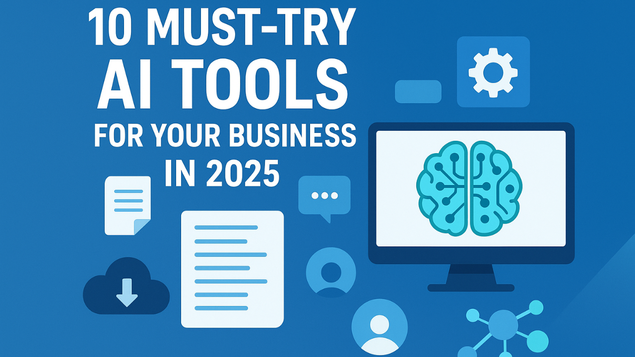 Illustration showing top 10 AI tools for business in 2025 with computer and neural network icons